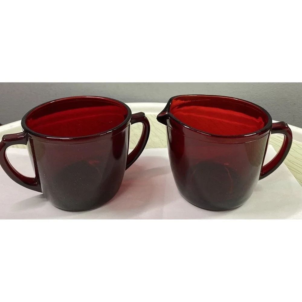 Vintage Anchor Hocking Royal Ruby Red Creamer Cream Pitcher Open Sugar Bowl Set‎